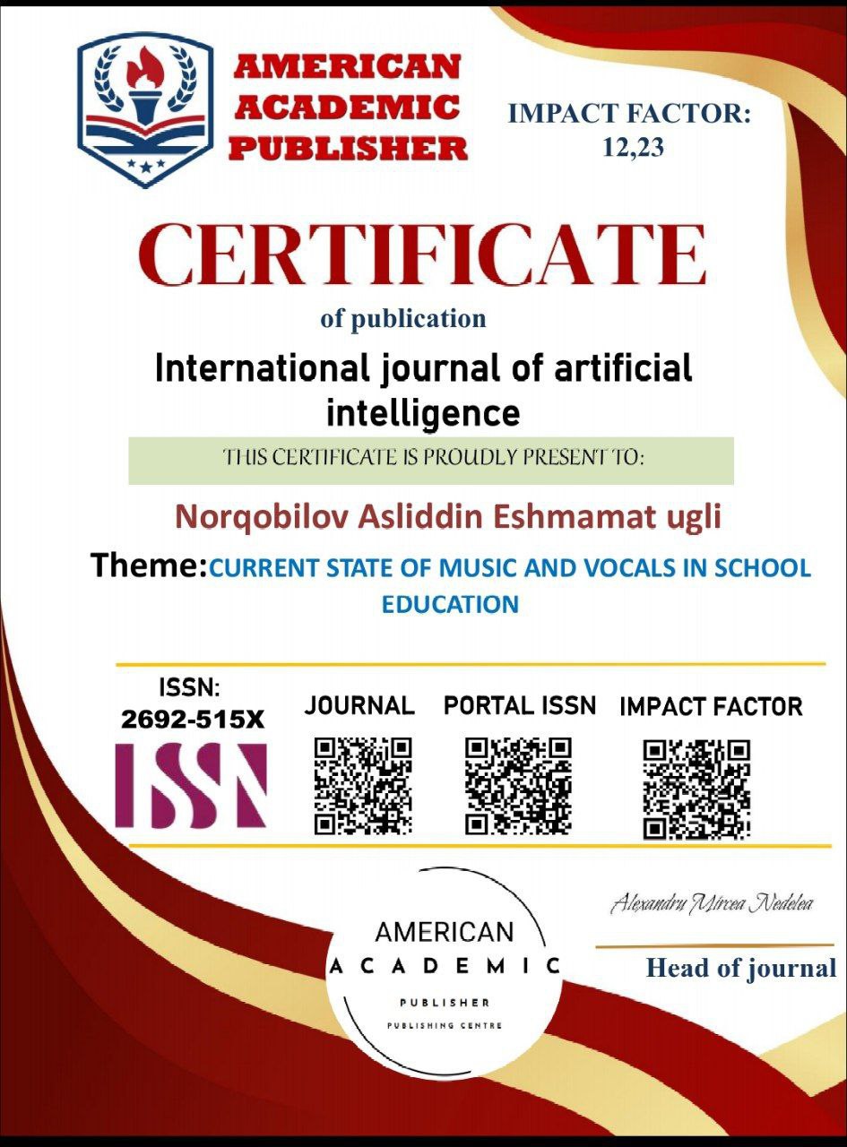 Oltinsoy tumani 15-son bolalar musiqa va san’at maktabi o‘qituvchisi Norqobilov Asliddin Eshmamat o‘g‘li xalqaro e’tirofga sazovor bo‘ldi!